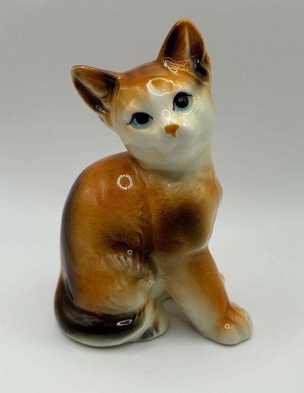 Vintage Cat Figurine Porcelain Animal Orange & Brown ~ Made in Japan