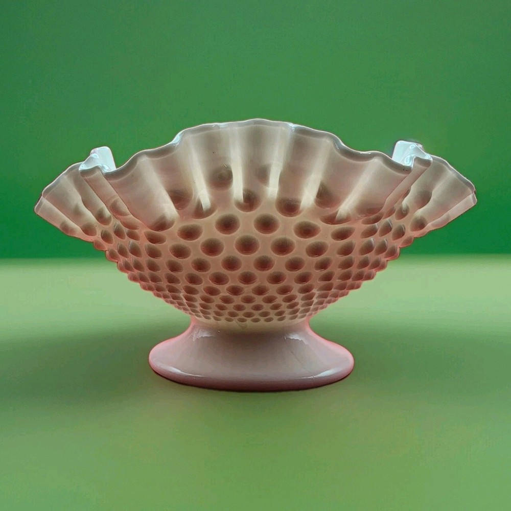 Fenton Hobnail Milk Glass Footed Bowl with Ruffled Rim USA