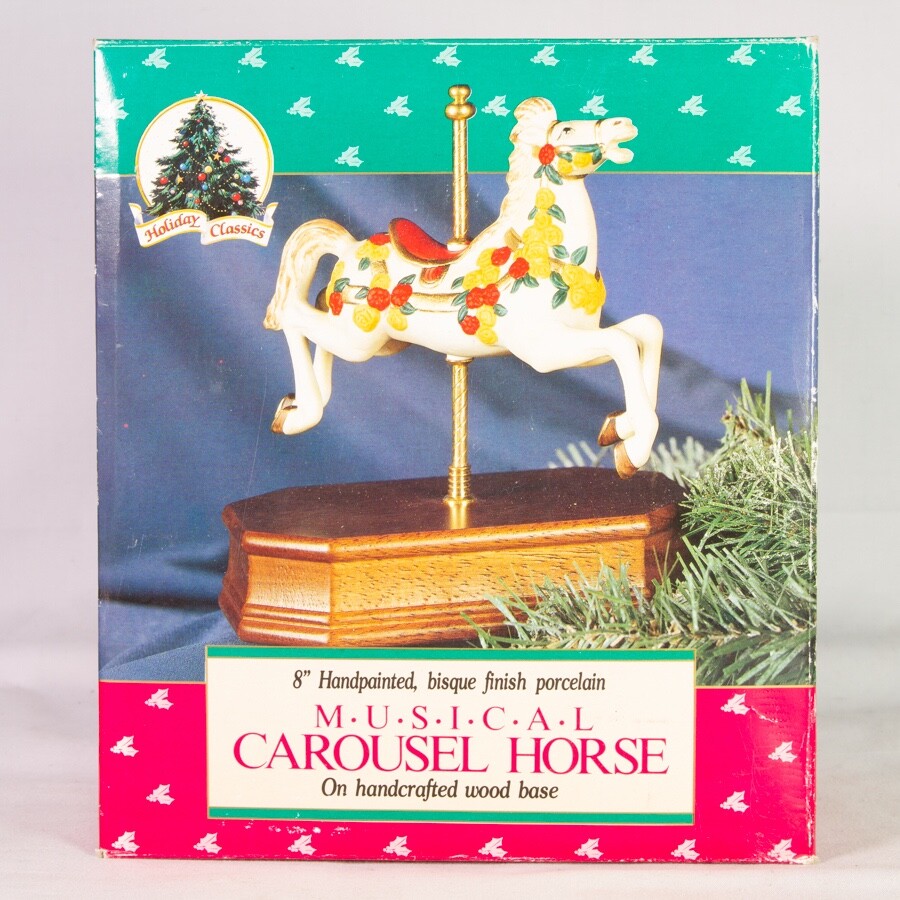 Vtg  1991 8” Christmas Porcelain Musical Moving Carousel Horse Classic Taiwan