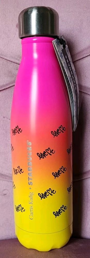 NEW Starbucks Swell Water Bottle Curtis Kullig Love Me Yellow Pink Steel Thermos