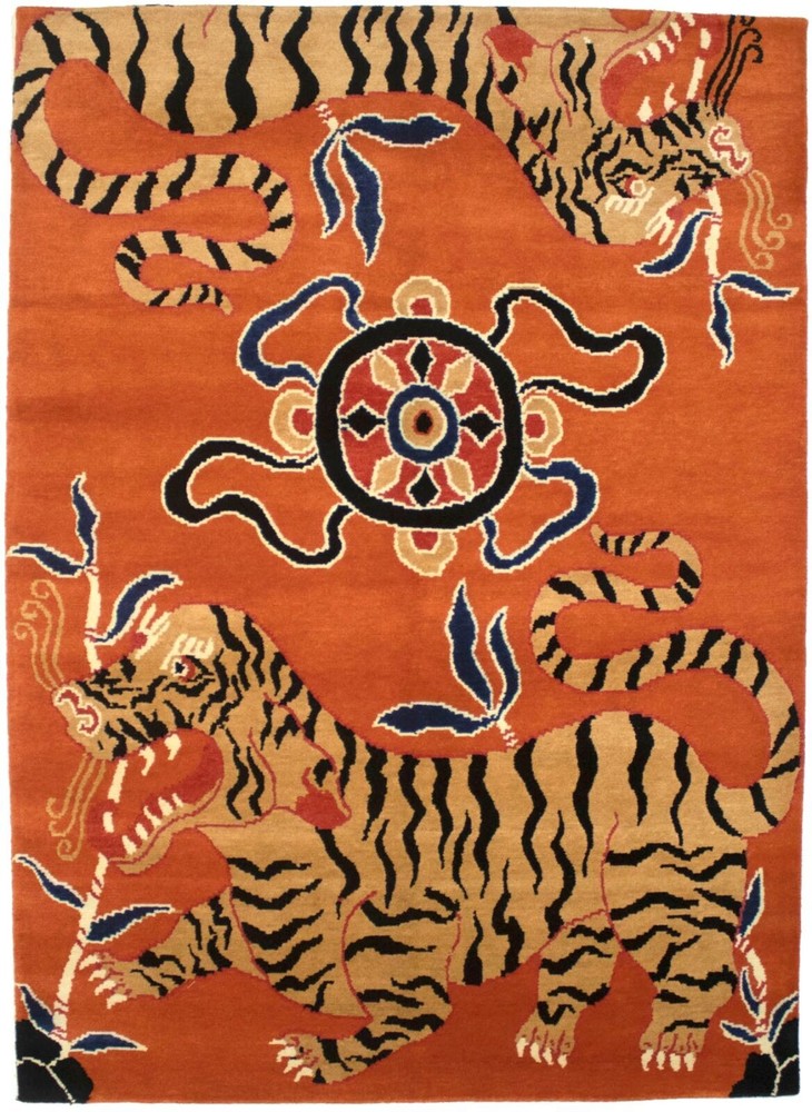 Handmade Wool Tufted Rug Tibetan Design Orange Oriental Tiger Pattern Decor Rugs