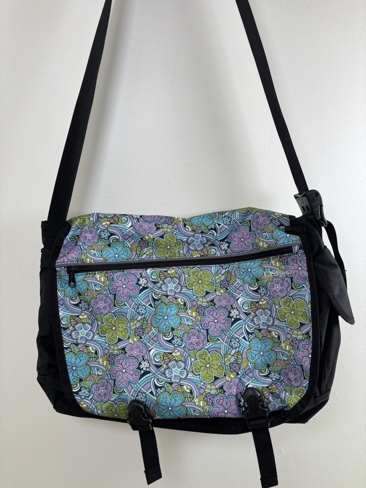 LL Bean Floral Crossbody Messenger Bag with Laptop Pockets in Black and Blue