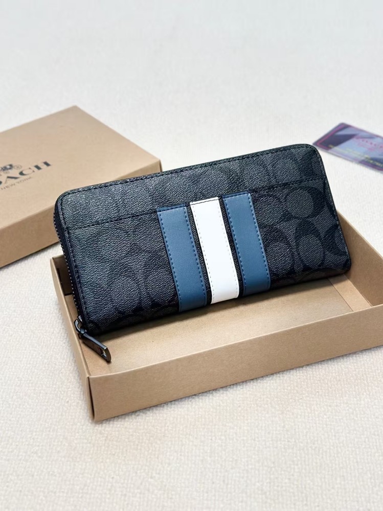 Coach Long Zip Around Wallet Signature Canvas Black Blue White Stripe Zip Around