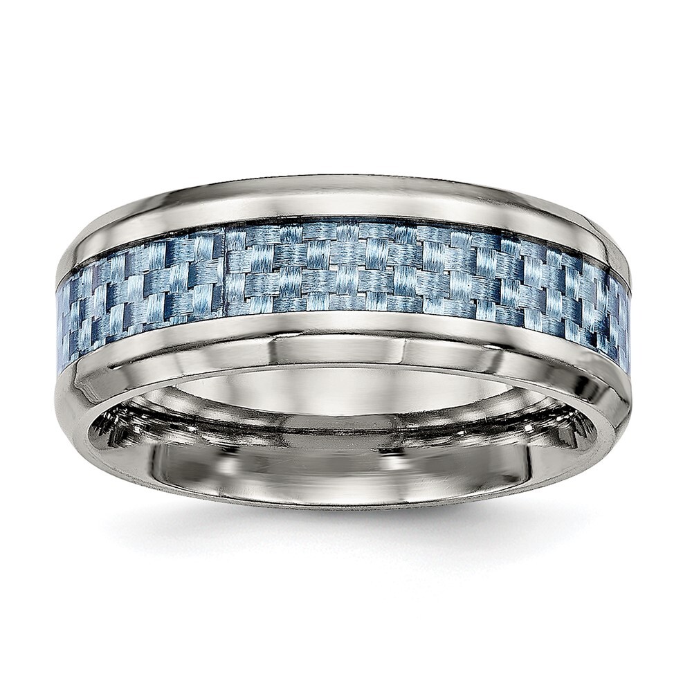 Titanium Polished with Light Blue Carbon Fiber Inlay 8mm Band Ring Size 7