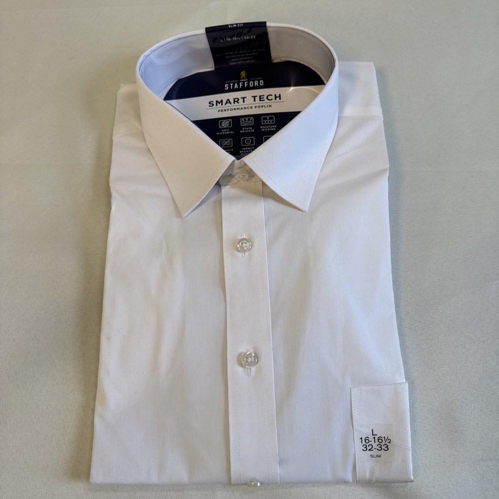Stafford Men’s Smart Tech Dress Shirt Slim Fit Size L 16-16 1/2 33-33 White