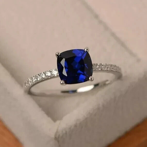 2Ct Cushion Lab Blue Sapphire Engagement Ring 14K White Gold