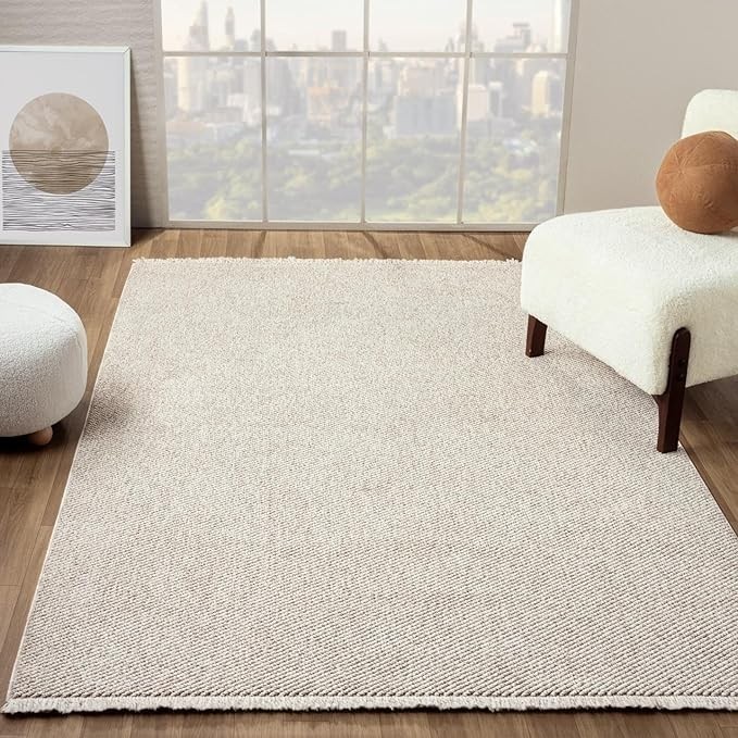 Woven Beige 5x7 Area Rug, Indoor Stain-Resistant Carpet