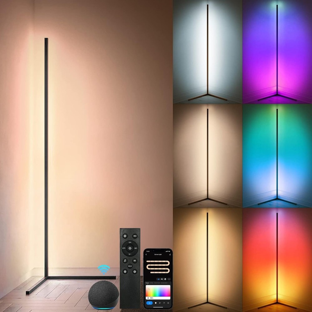 RGBWW Corner Floor Lamp with Color Changing Lights for Living Room Alexa Compatible