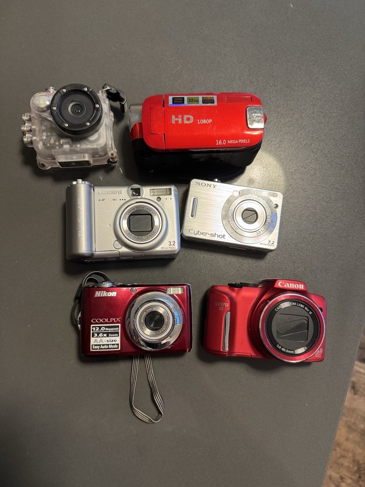 Untested Lot of 6 Digital Cameras - Sony Cybershot, Canon Powershot, Nikon Coolpix Bundle