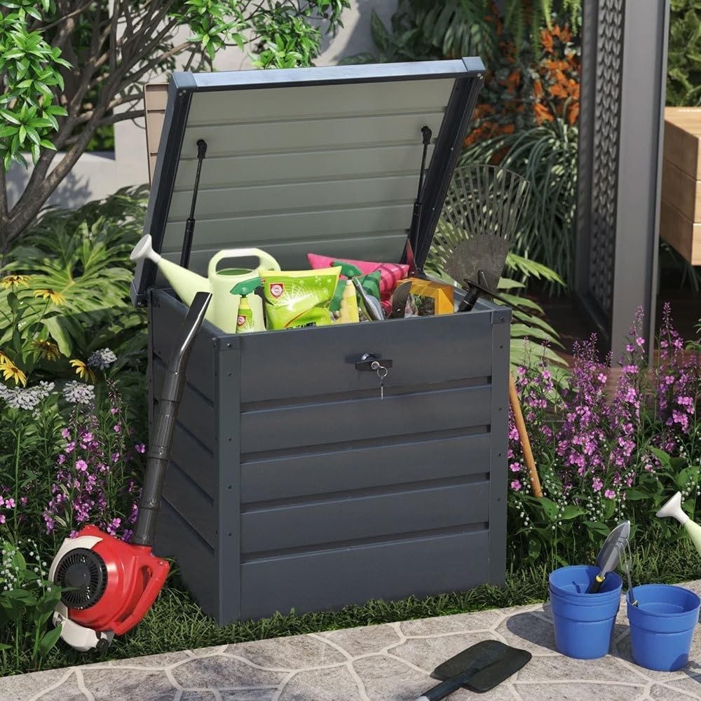200 L Waterproof Metal Outdoor Garden Storage Box Lockable Flat Top Anthracite