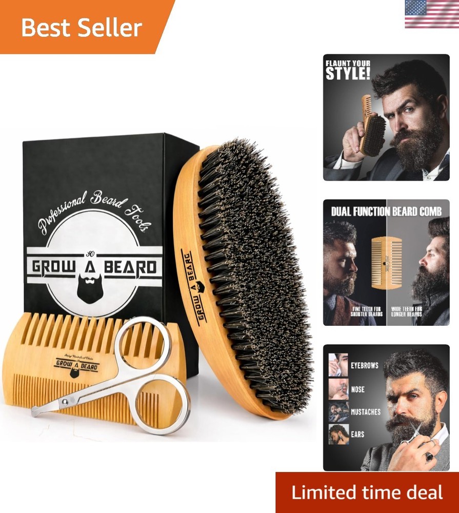 Beard Grooming Kit with Natural Boar Brush & Travel Scissors Set