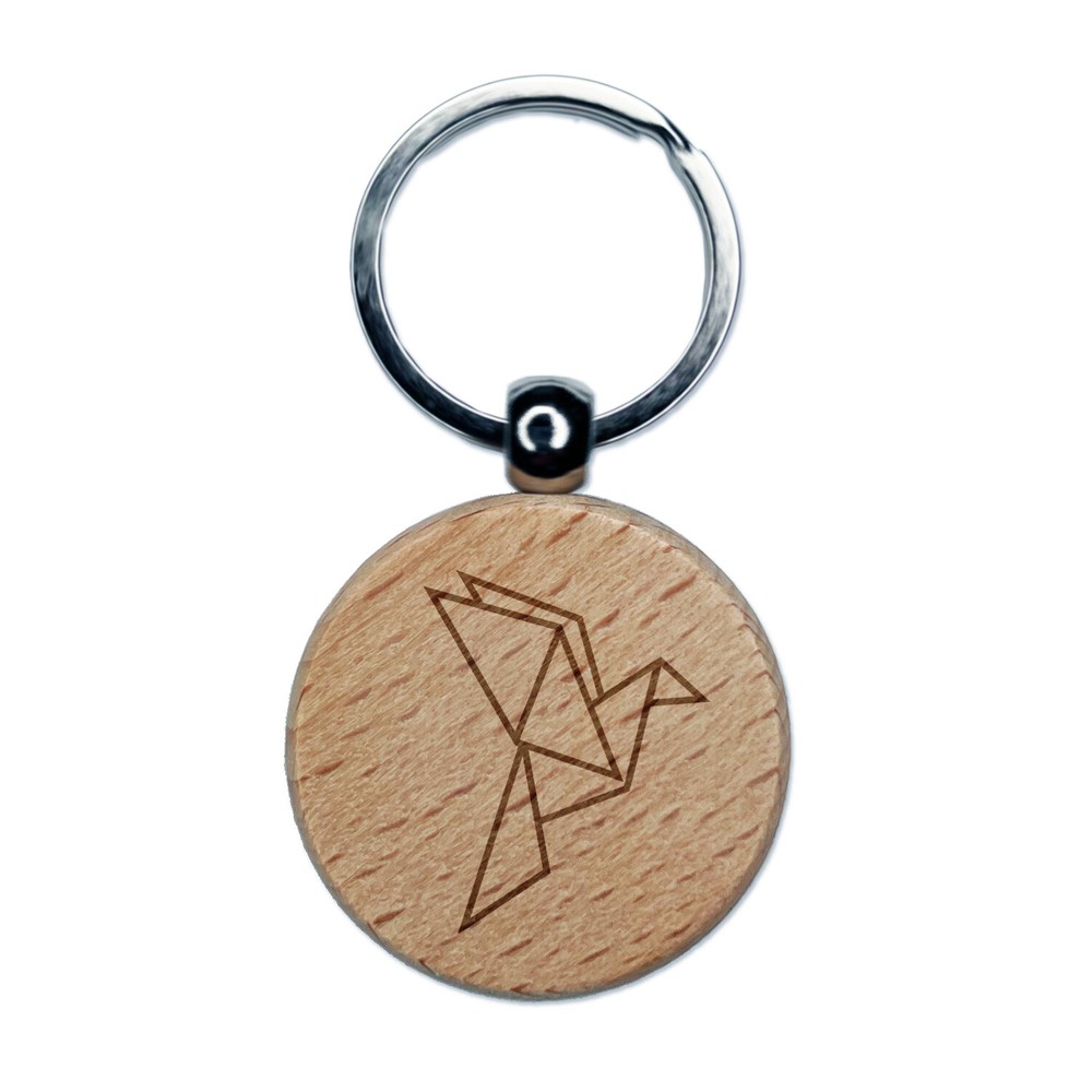 Origami Paper Bird Engraved Wooden Keychain Charm with Round Tag