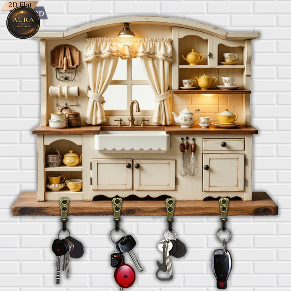 Wall Keychain 30cm - Kitchen Teapot Organizer 2D 4 Hooks Entrance