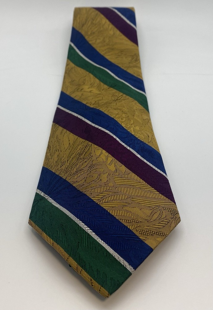 Ferrell Reed for Nordstrom Gold Blue Green Striped Silk Handmade Men's Tie Wove…