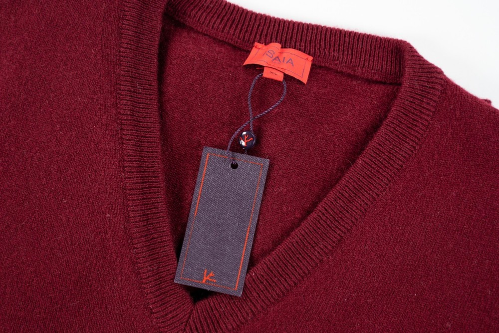 ISAIA Red V-Neck Sweater Pique Knit Lightweight Cashmere Slim Fit Pullover 2XL