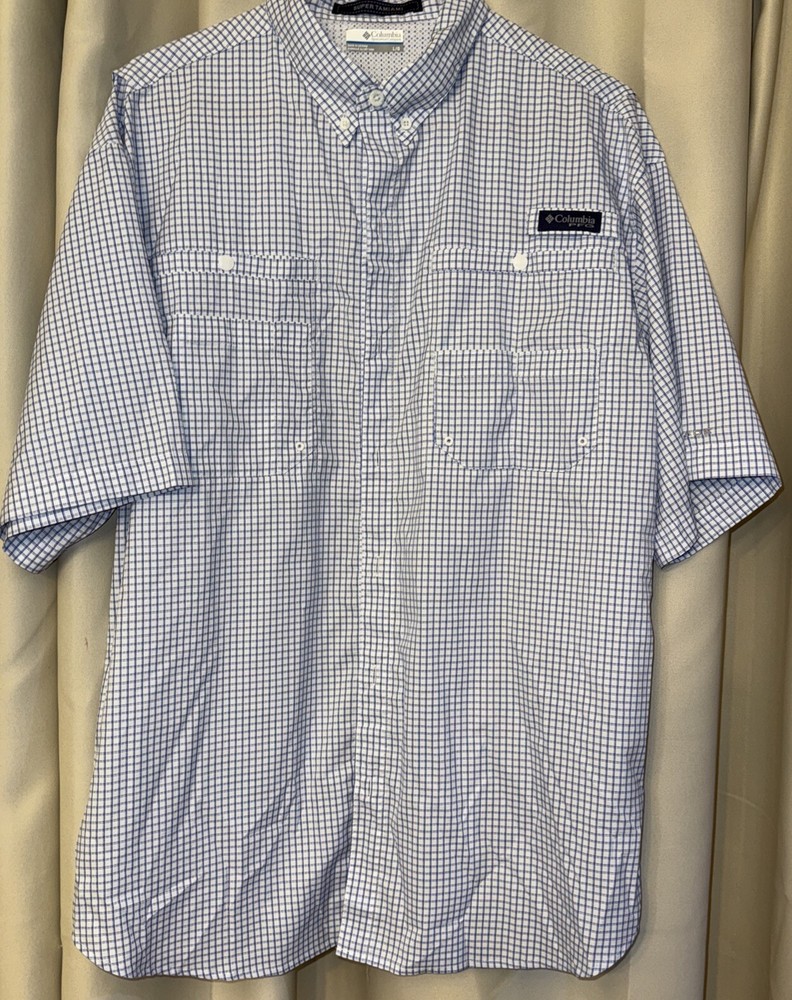 Columbia Fishing Shirt Mens LG blue check Super Tamiami Vented PFG Logo