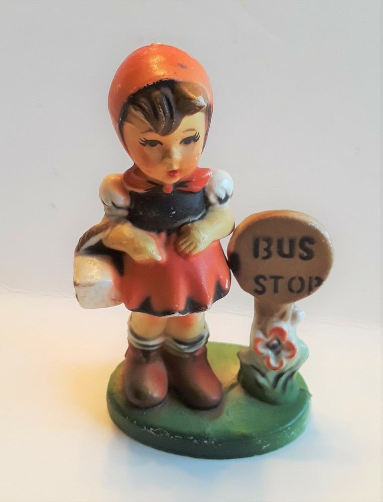 Vintage figurine plastic Bus stop Girl  Made in Hong Kong Hummel like