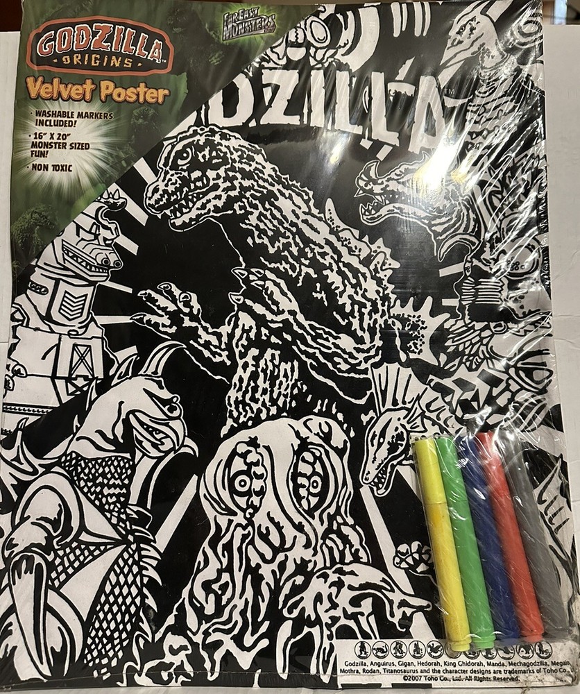Godzilla Velvet Poster with Color Markers Measures 16x20 Rare