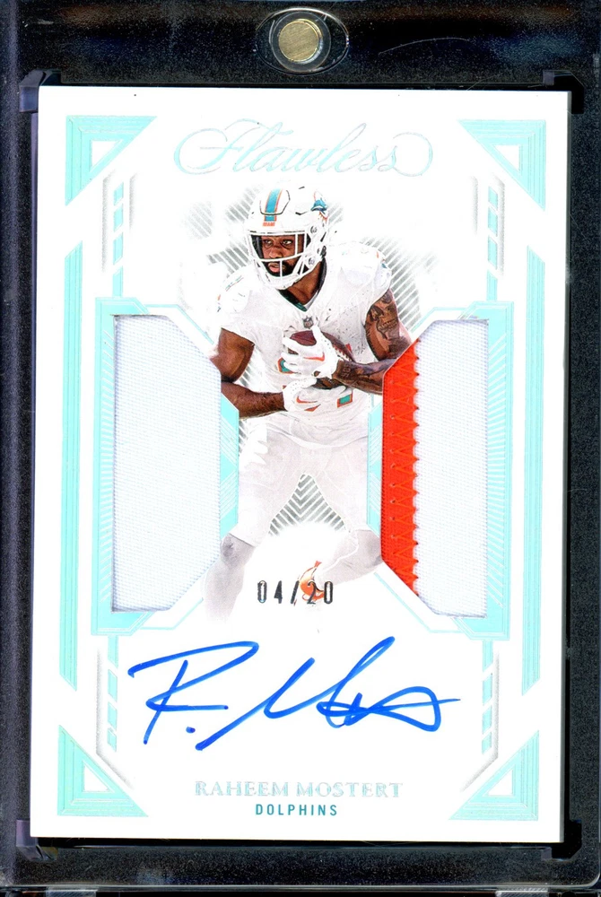 2023 Panini Flawless - Dual Patch Autographs Silver #DPA-RMO Raheem Mostert /20 (AU, MEM)