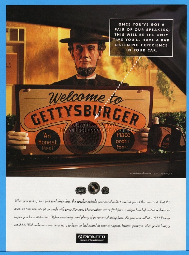 1994 Pioneer Car Speakers Drive-In Diner Theme Featuring Abe Lincoln Print Ad