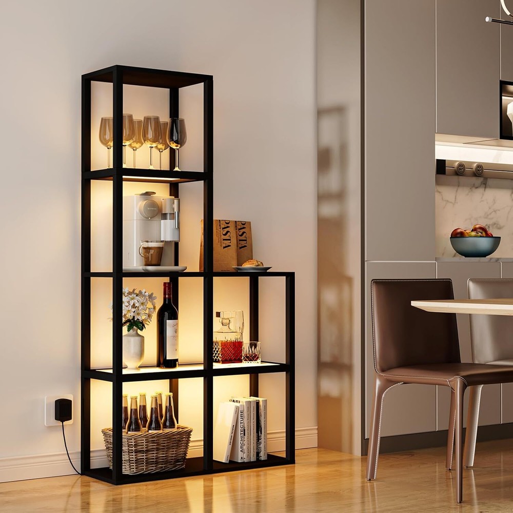 Display Shelf with LED Light Standing Floor Lamp Glass Storage Shelves...