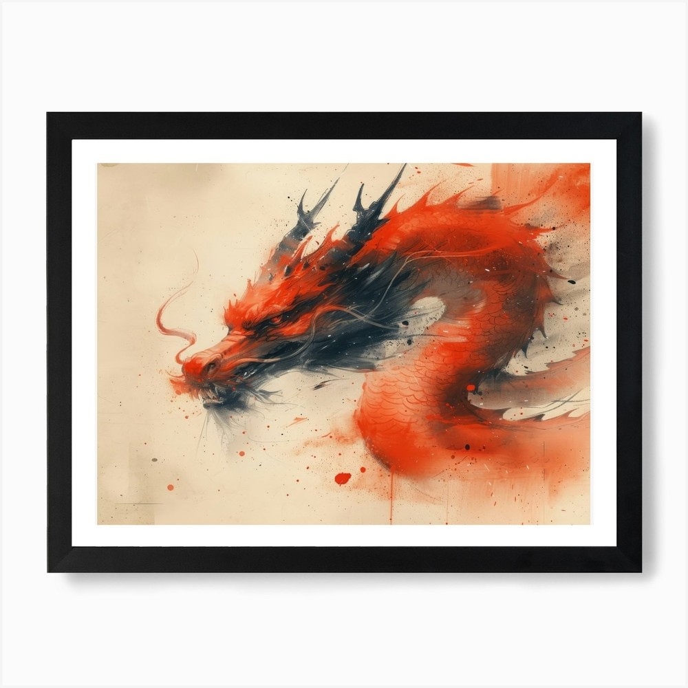 Red Dragon Calligraphy Framed Wall Art Canvas Print Poster  