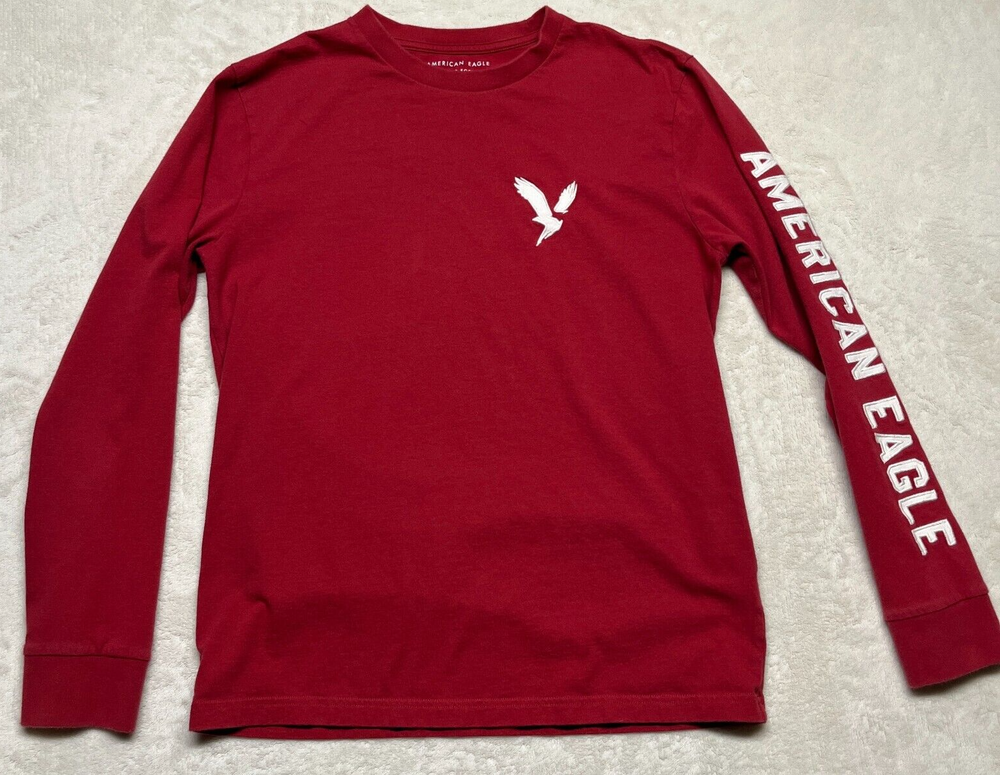 American Eagle Men's Red Classic Fit Long Sleeve Embroidered Logo Shirt Size S