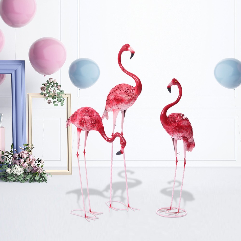 3 Pack Pink Flamingo Garden Statues Metal Yard Art Decor Sculpture