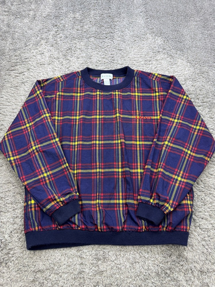 Vtg Izod Jacket Men Medium Purple Tartan Plaid Crewneck Windbreaker Pullover Y2K