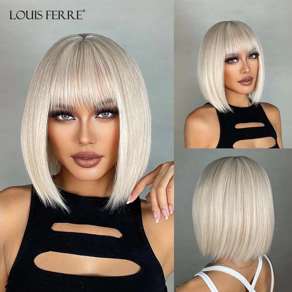 Platinum Blonde Short Bob Synthetic Wig With Bangs Daily Hair Heat Resistant Wig