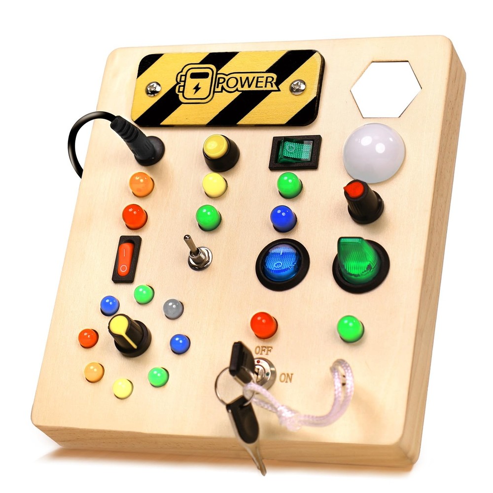 LED Busy Board Sensory Montessori Wooden STEM Toy with Lights for Toddlers 1-3 Years