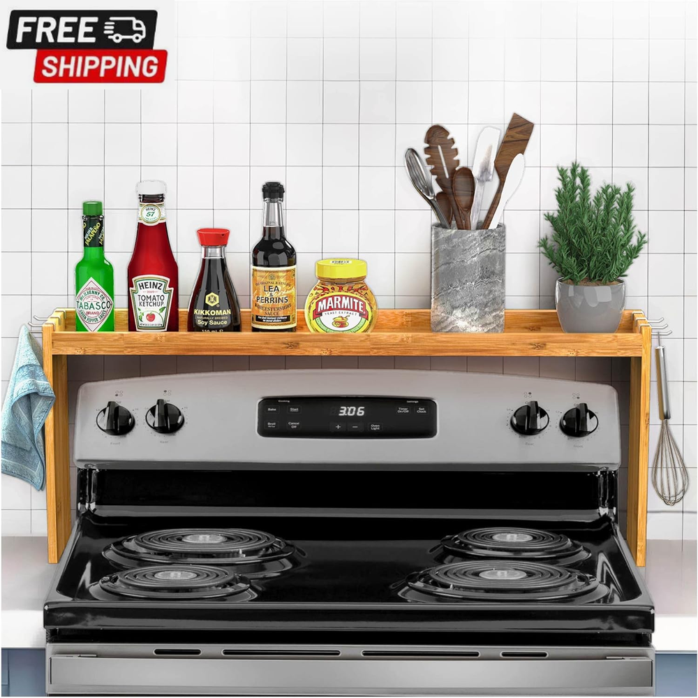 Bamboo Over-Stove Spice Shelf for Kitchen Storage - 31.5 Inch Organizer