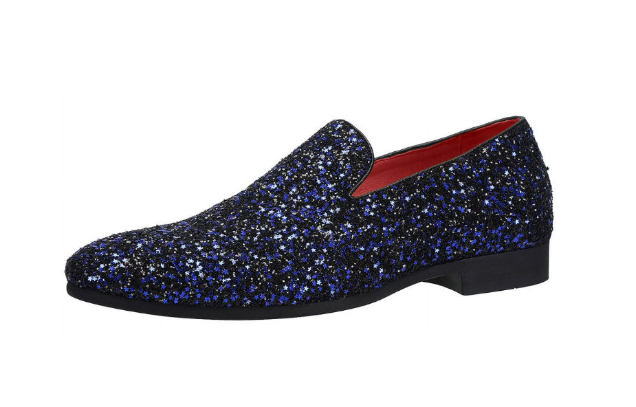 Santimon Men's US 7.5-12 Blue Sequins Glitter Smoking Loafers Casual Shoes