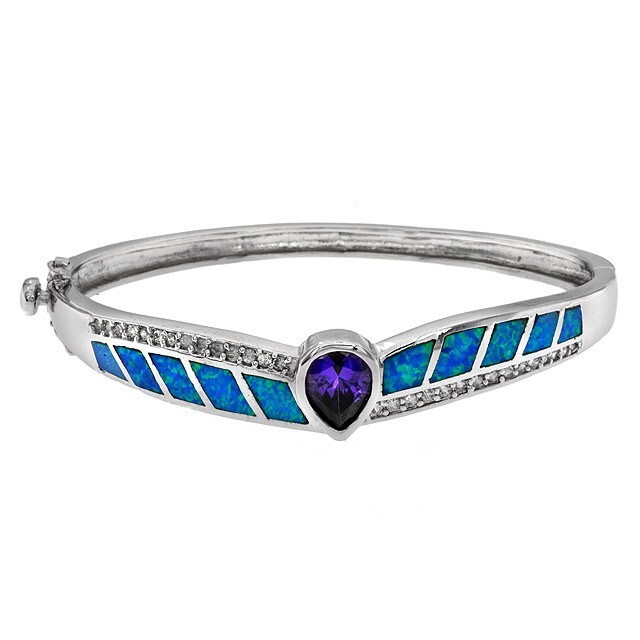 3CT Amethyst & Australian Opal Inlay 925 Sterling Silver Bangle Bracelet ,OB8