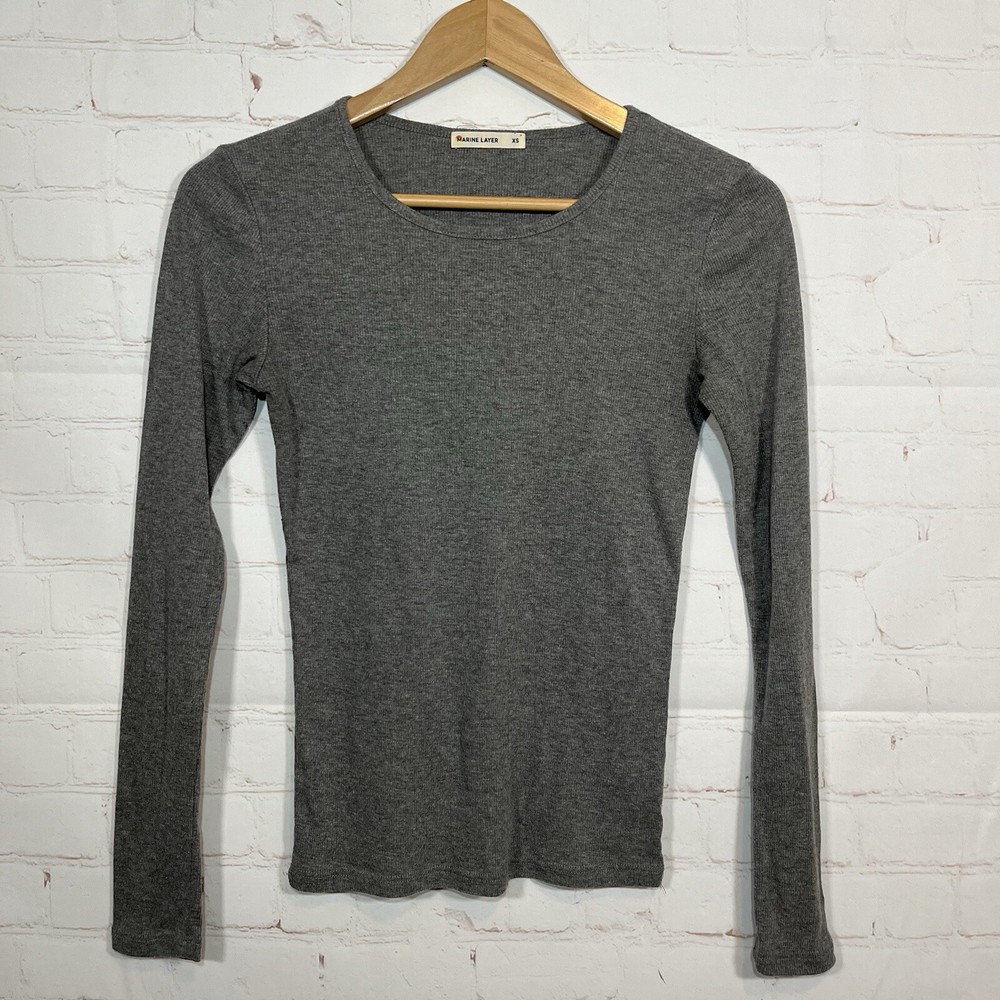 Marine Layer Shirt Womens XS Gray Ribbed Long Sleeve Scoop Neck