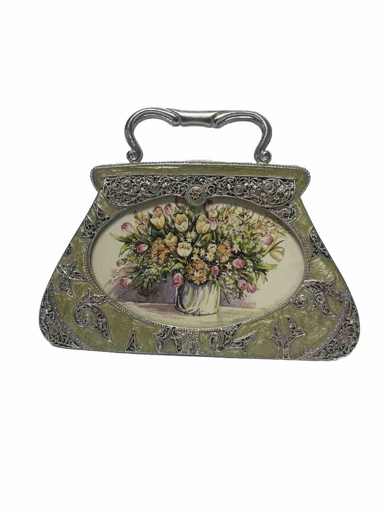 Vintage Y2K Handbag Purse Ornate Metal Photo Picture Frame Green Silver Oval