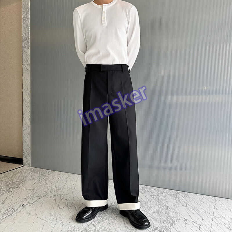 Korean Style Mens Loose Fit Long Trousers Design Casual Dress Straight Pants New