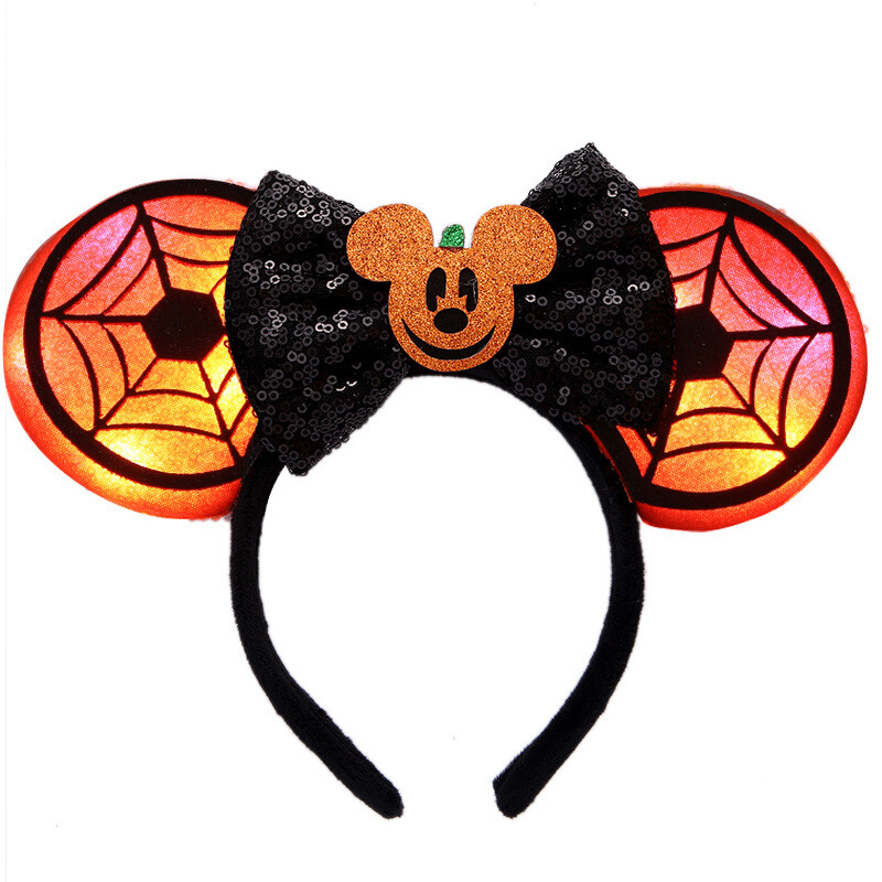 LED Spider Mickey Mouse Ears Headband with Light-Up Skull & Sequin Bow for Halloween