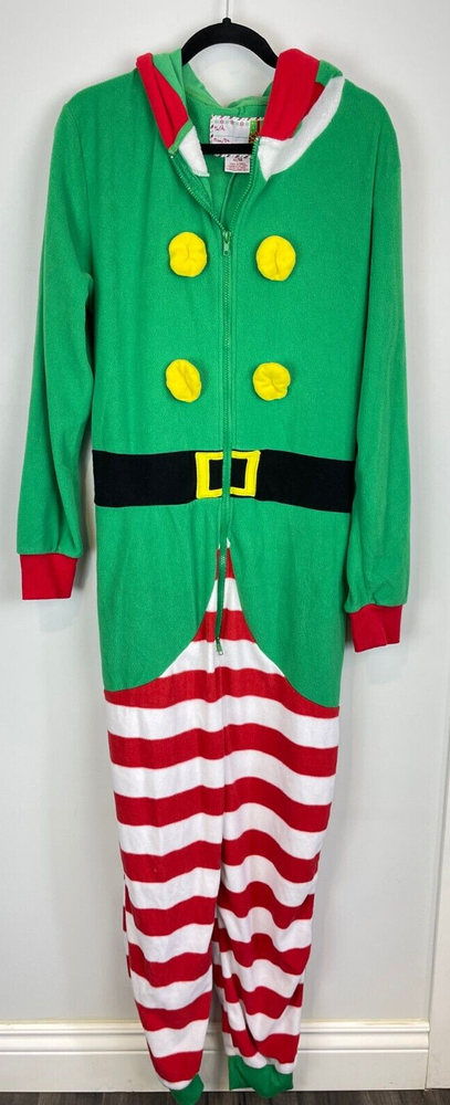 Jumpsuit One Piece Christmas Elf Costume Adult Pajamas Unisex Size M