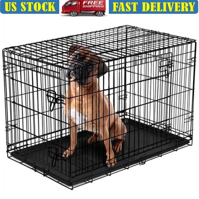 Foldable Double-Door Metal Dog Crate with Divider & Removable Tray XX-Large 48in-image