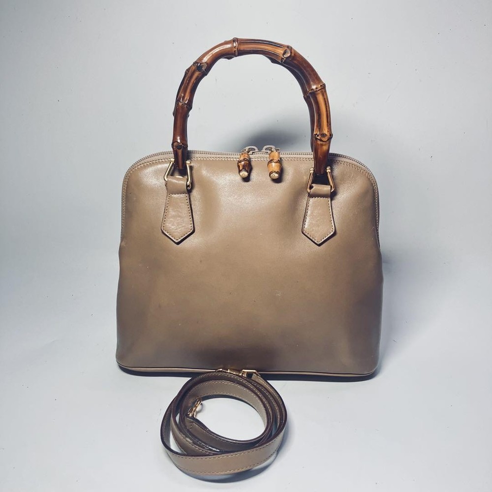 Gucci Bamboo Leather Tote Bag Beige Hobo Shoulder Bag 2-Way Preowned