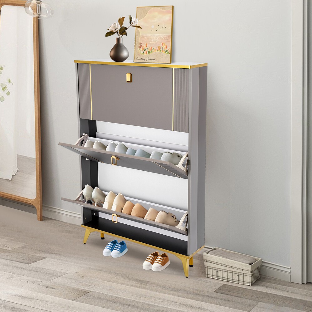 3-Tier Floor Mount Flip Shoe Cabinet Entryway Storage Organizer Rack