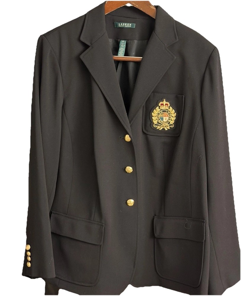 Ralph Lauren Black Wool Crest Blazer Women’s Size 18W Plus Preppy Academia