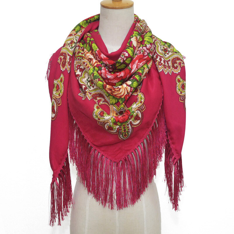 Traditional Babushka Ukrainian Fringed Big Scarf Women Floral Retro Square Shawl