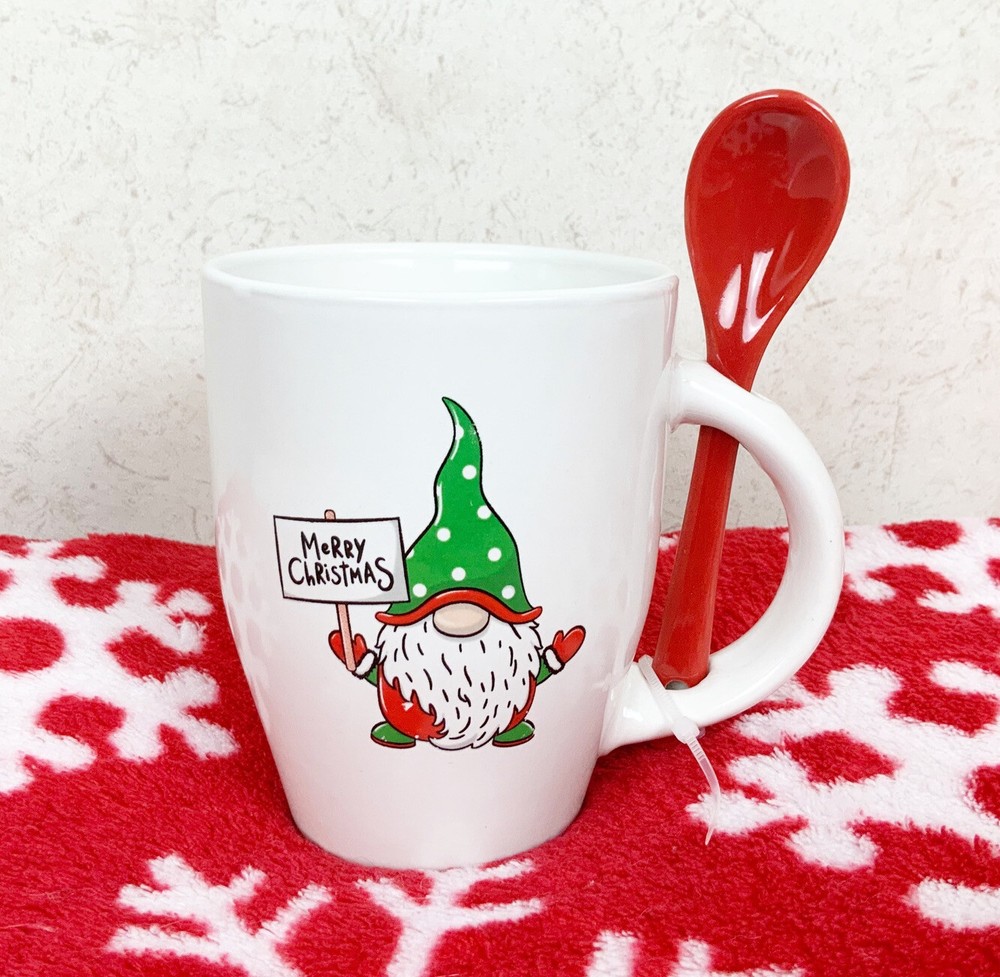 Merry Christmas Gnome Coffee Mug With Spoon 11 Oz Cartoon Holiday