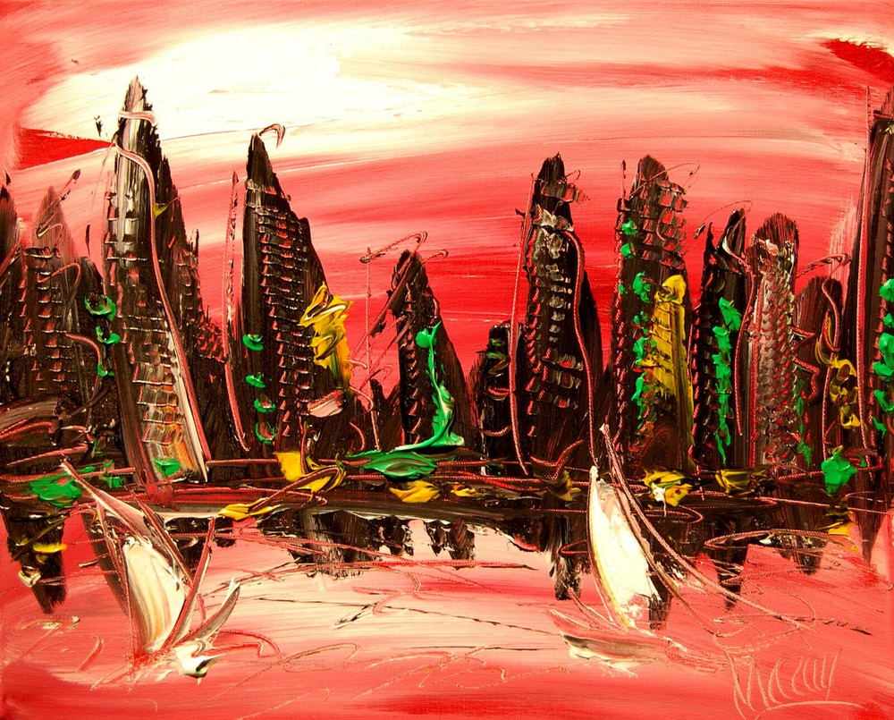 PINK SKY NYCITY  ART canvas painting Mark Kazav Original Oil Painting no reserve