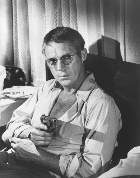 Steve McQueen cool pose in sunglasses holding gun in Sam Peckinpah- Old Photo