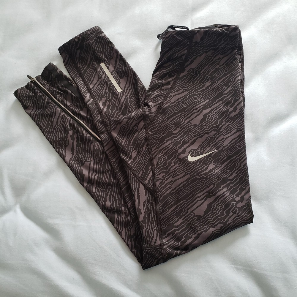 Nike Dri Fit Compression Camo Running Leggings Size M Zip Ankle Black Gray