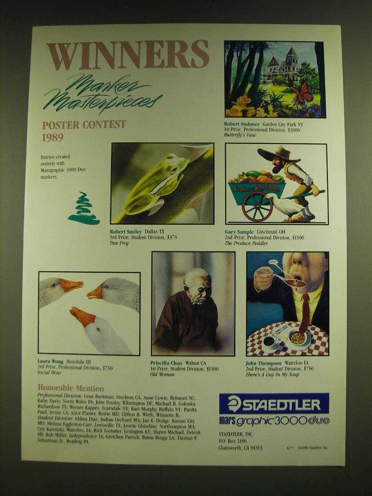 1990 Staedtler Mars Graphic 3000 Duo Markers Ad - Winners Markers Masterpieces