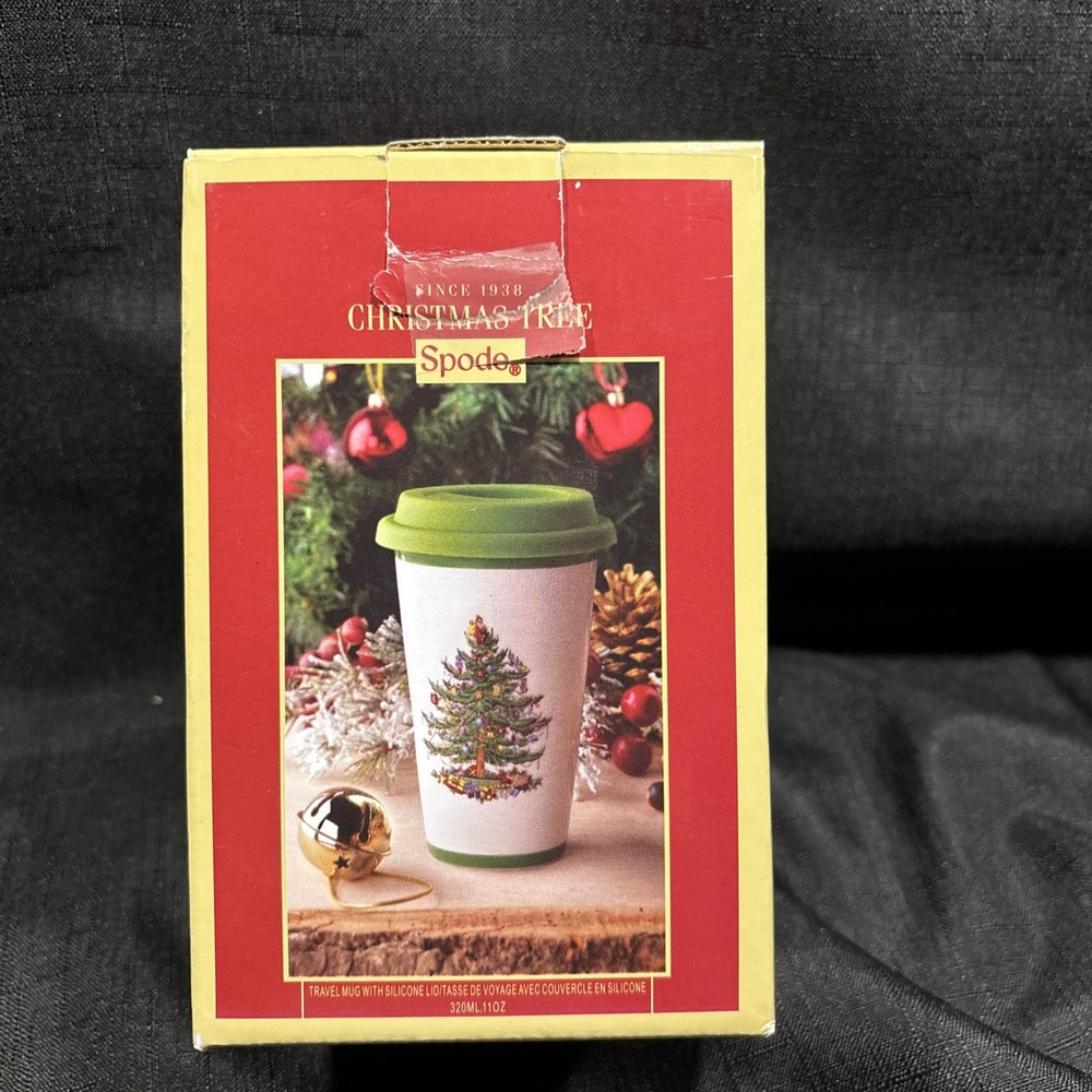 SPODE CHRISTMAS TRAVEL MUG WITH GREEN SILICONE LID - 11 OZ - NEW IN BOX